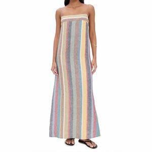 NWT Staud Laura Linen Maxi Dress Market Stripe Colorful Rainbow Sundress L